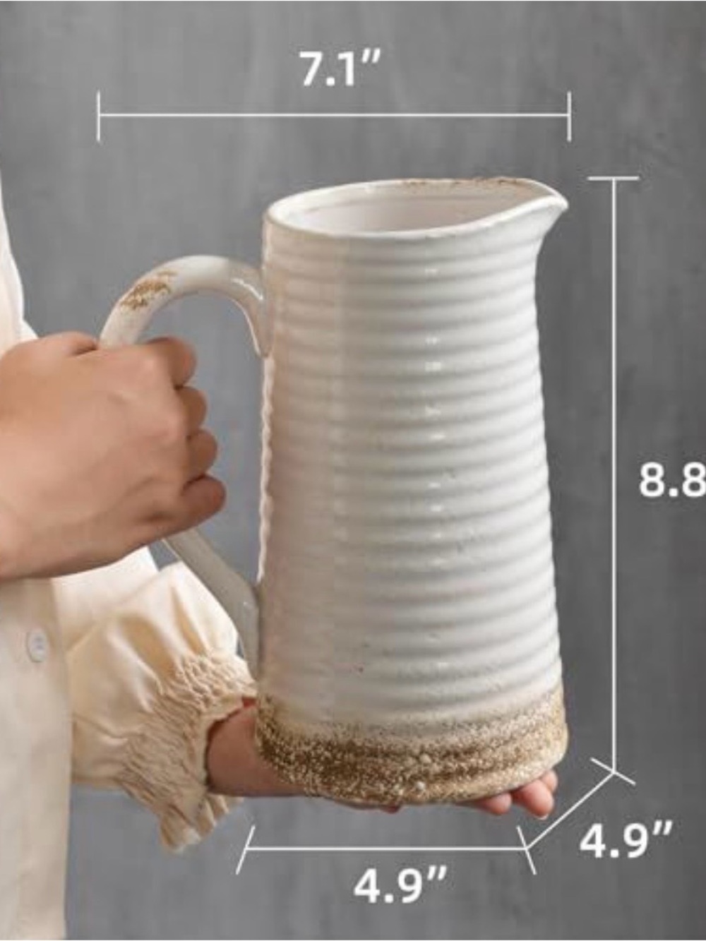 White Ceramic Ribbed Pitcher Vase with Distressed Base - Picture 3 of 3